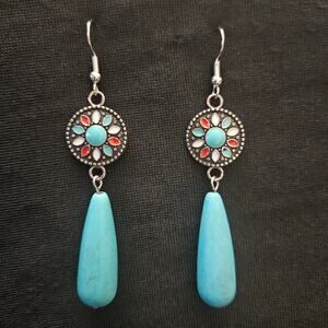 Antique silver medallion and dyed howlite teardrop earrings